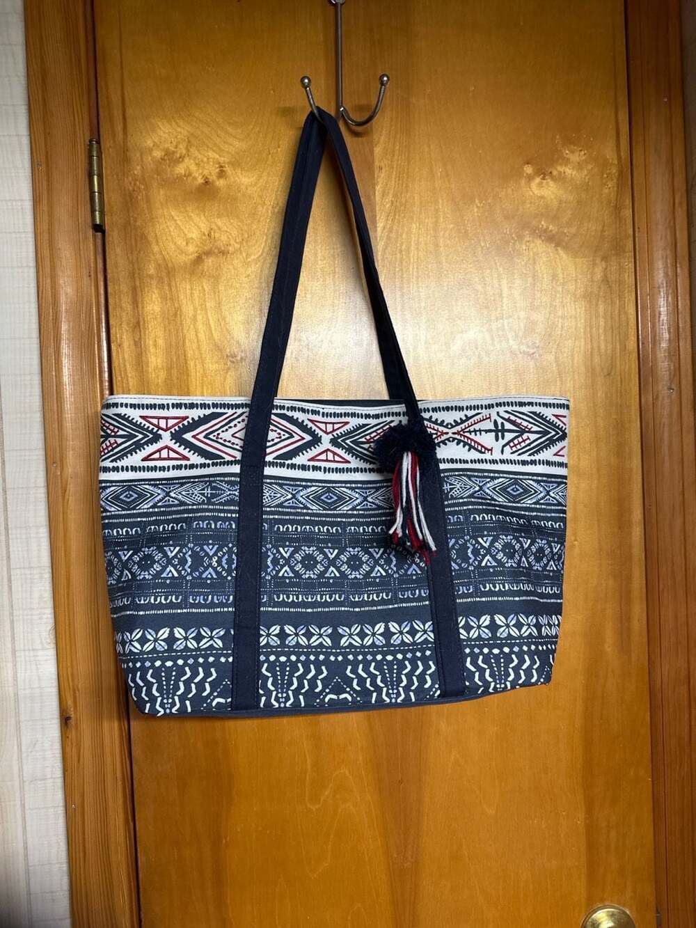 Large Boho Southwest Print Canvas Tote Bag Navy Red White Zip Top